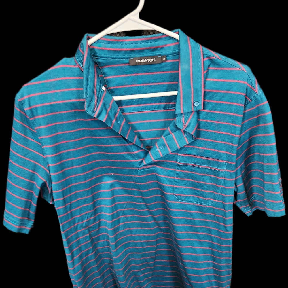 Bugatchi Men's Teal and Pink Striped Polo